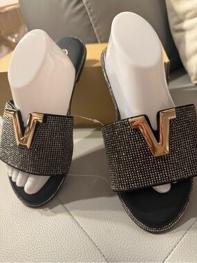 Women's Black Rhinestone Slide Mules with Gold V Accent
